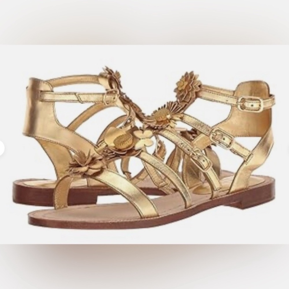 Kate Spade Gold Gladiator Sandals with Floral Embellishments